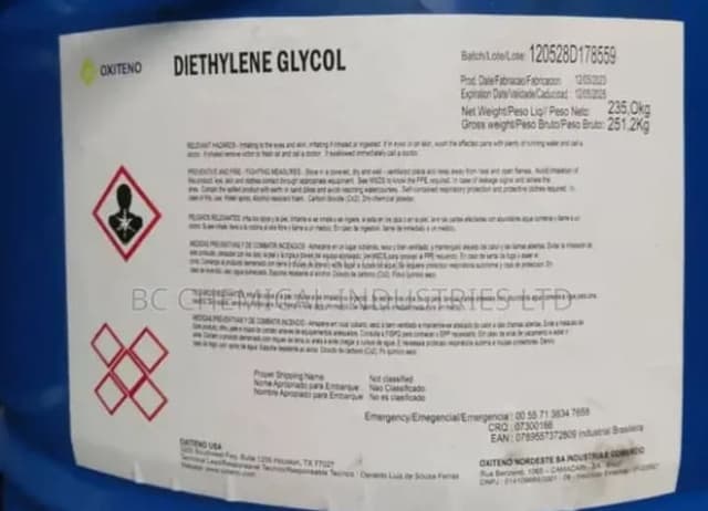 Diethylene Glycol in a blue drum with safety label