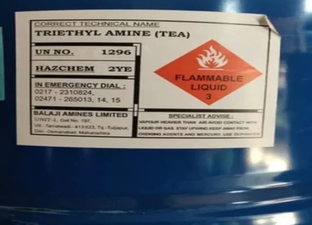 Triethyl Amine label on a blue drum