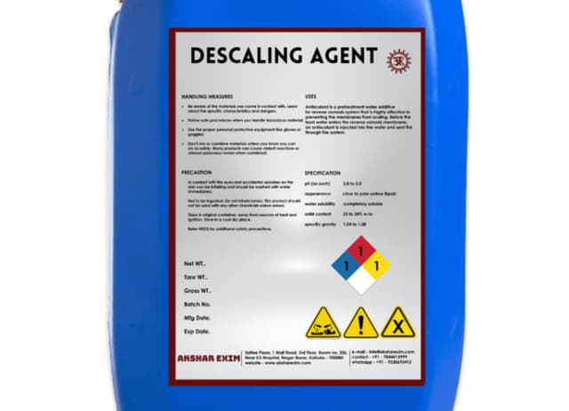 Blue drum of descaling agent with safety instructions