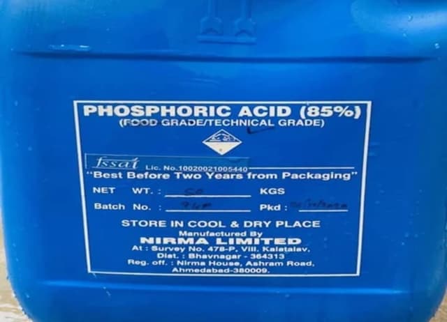 Phosphoric Acid in a blue jerrycan labeled with purity and manufacturer details