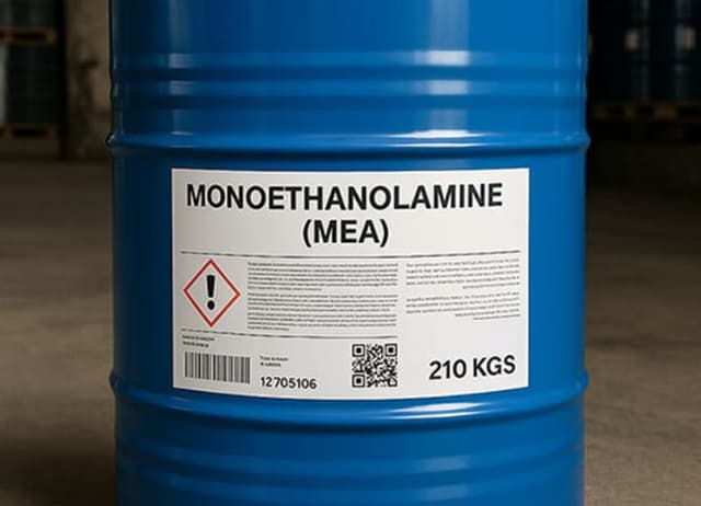 Blue drum of Monoethanolamine with safety label