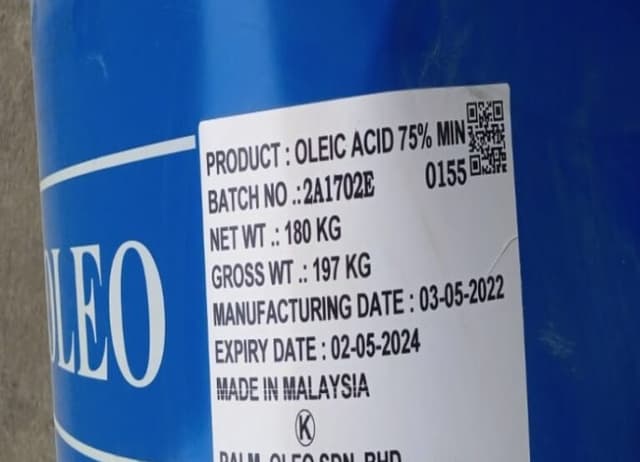 180 kg drum of Oleic Acid with product details