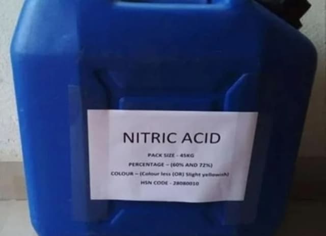 45 kg jerrycan of Nitric Acid with label indicating purity and packaging