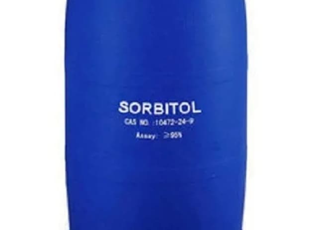 Blue drum of sorbitol with visible label