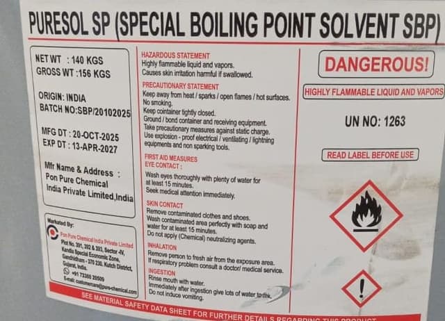 Label of Puresol SP solvent in a 140 kg drum