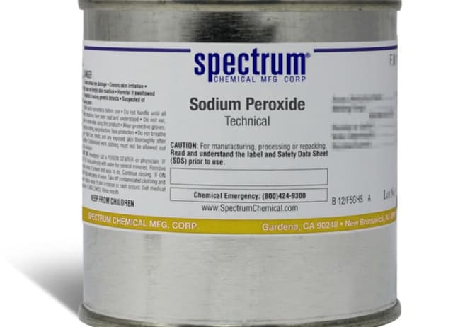 Container of sodium peroxide, a white granular powder used for cleaning and bleaching.